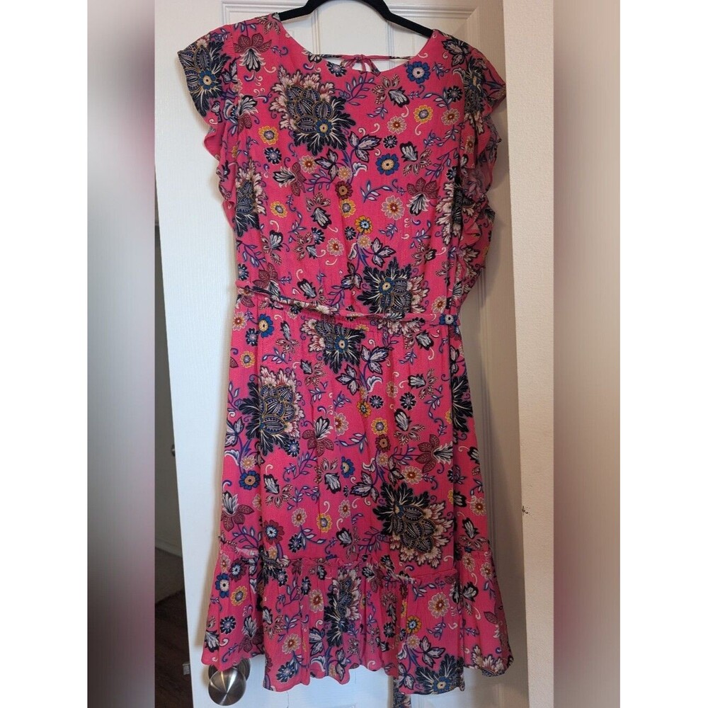LOFT Floral Ruffle V-Neck Shift Mini Dress Pink/Blue - Size 16